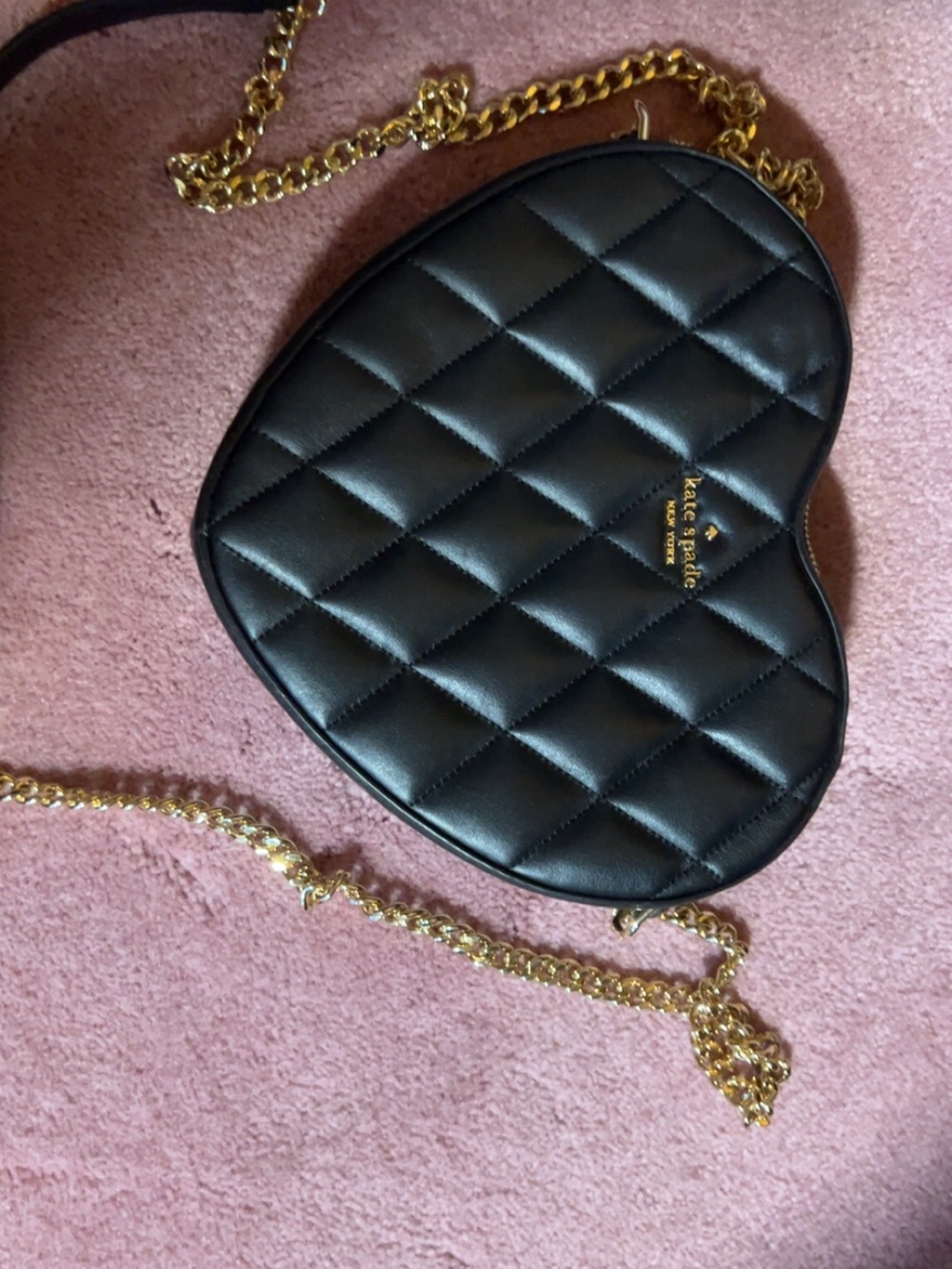 kate spade Black Quilted Heart-Shaped Crossbody with Gold Chain